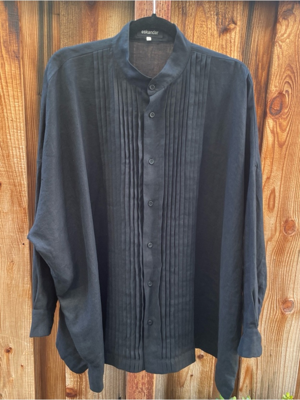Eskandar Women Shirt Blouse Sz 1Black Linen Pintuck Stand Collar Long Sleeve EUC